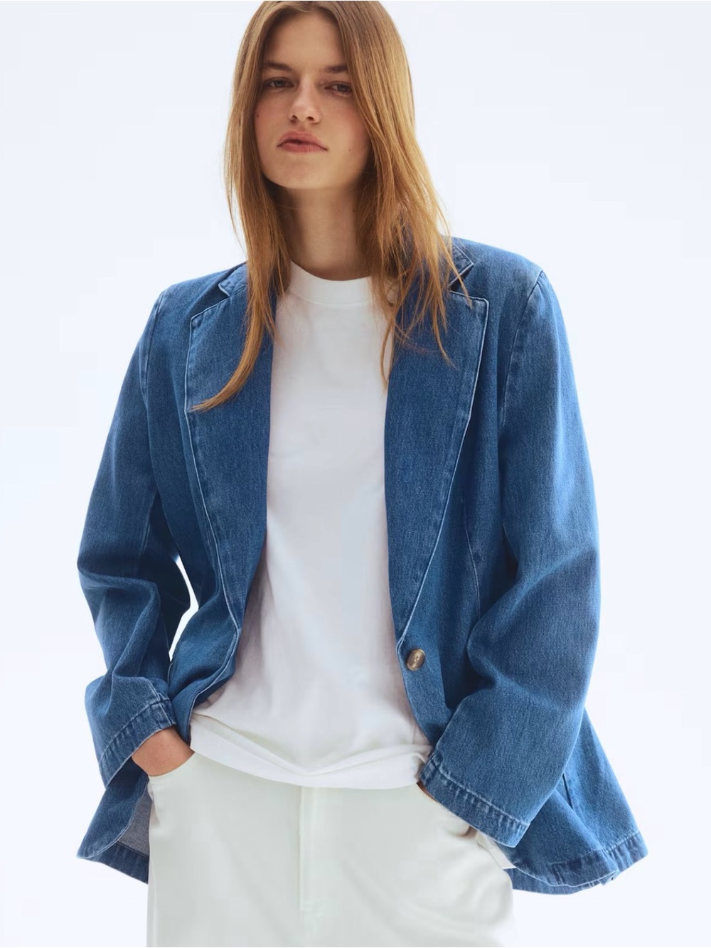 Denim Blazer Jacket in Medium Blue